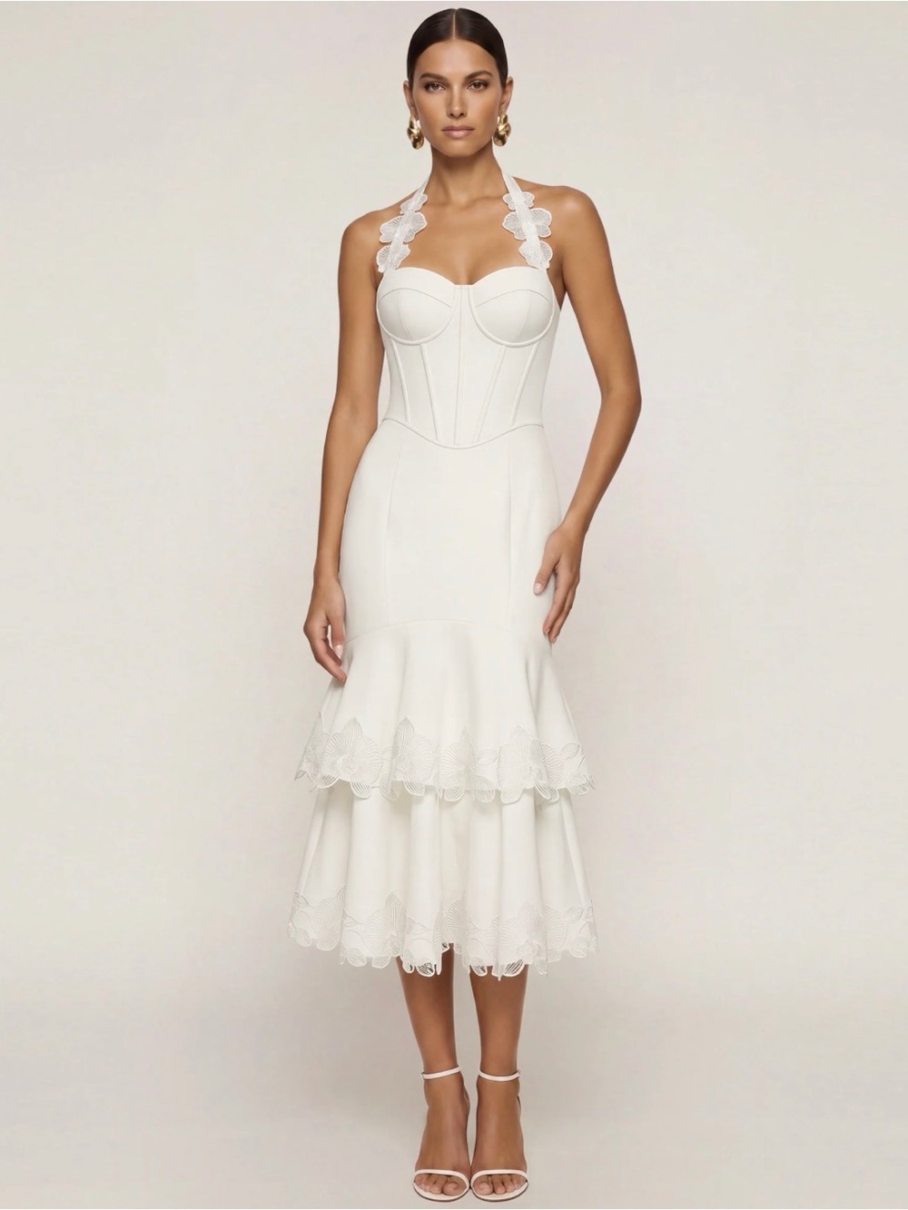 JW PEI Orchid Embroidered Halter Corset Midi Dress